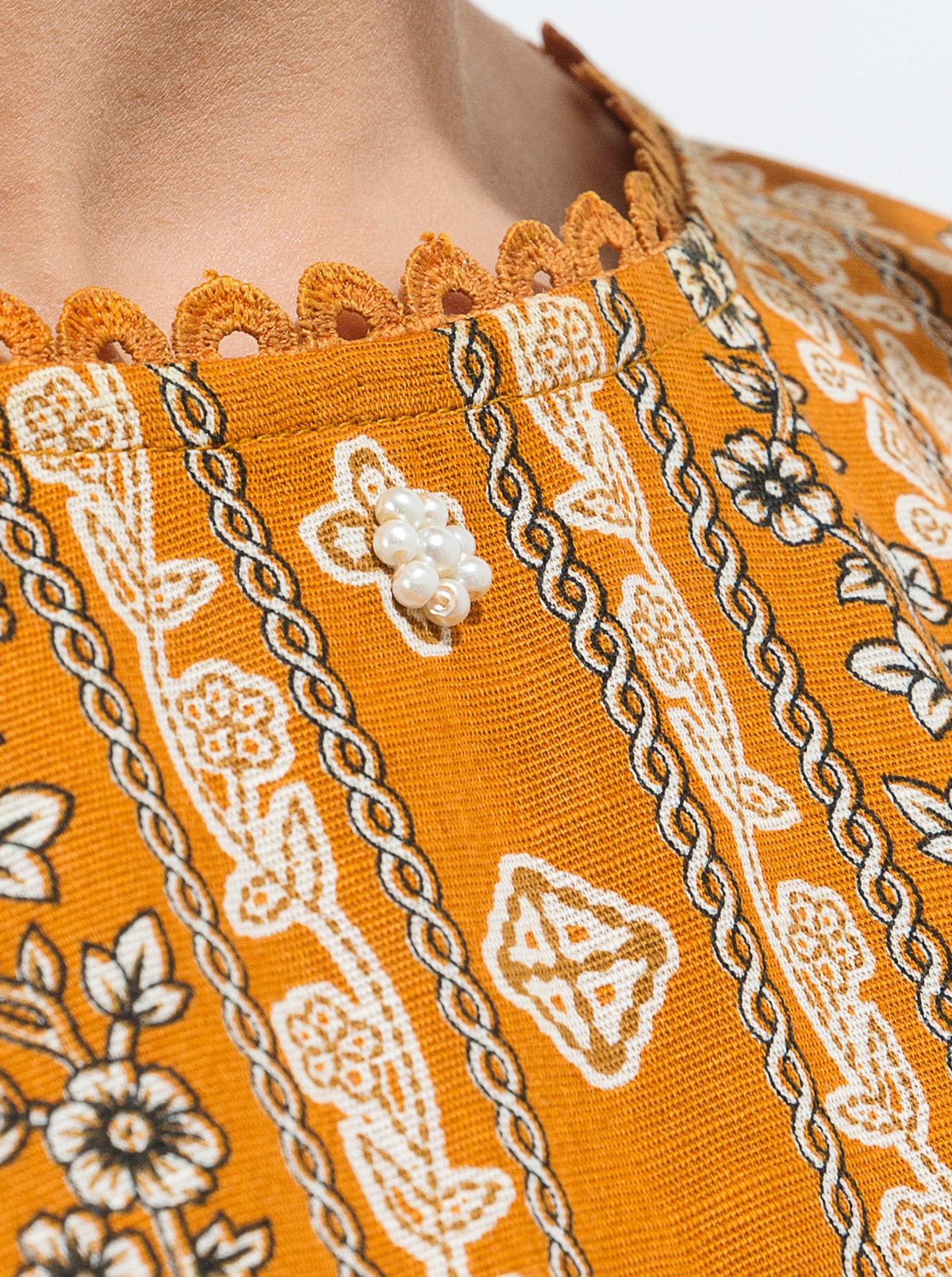 3 Piece - Printed Khaddar Suit - Ochre Gold