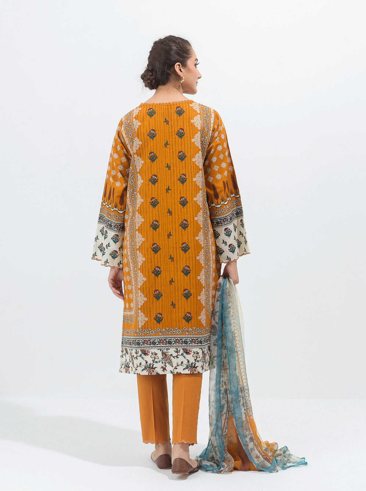 3 Piece - Printed Khaddar Suit - Ochre Gold