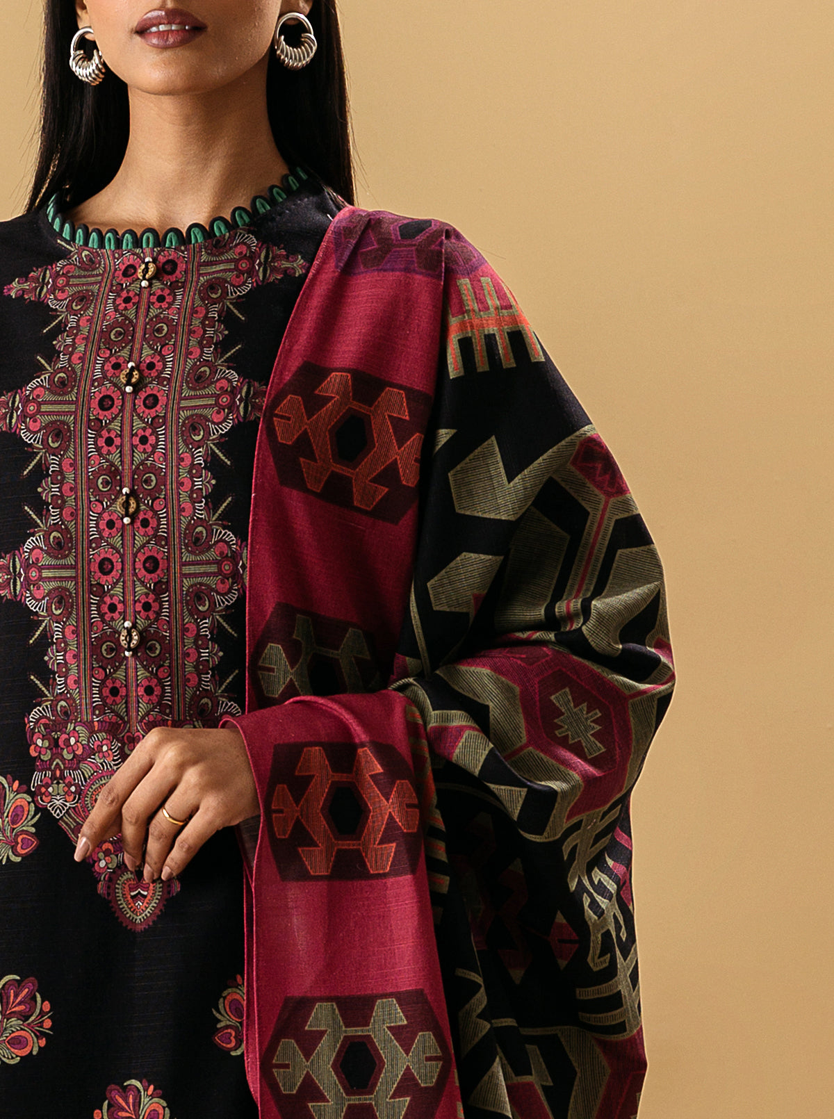 2 Piece - Printed Khaddar Suit - Mokash Black