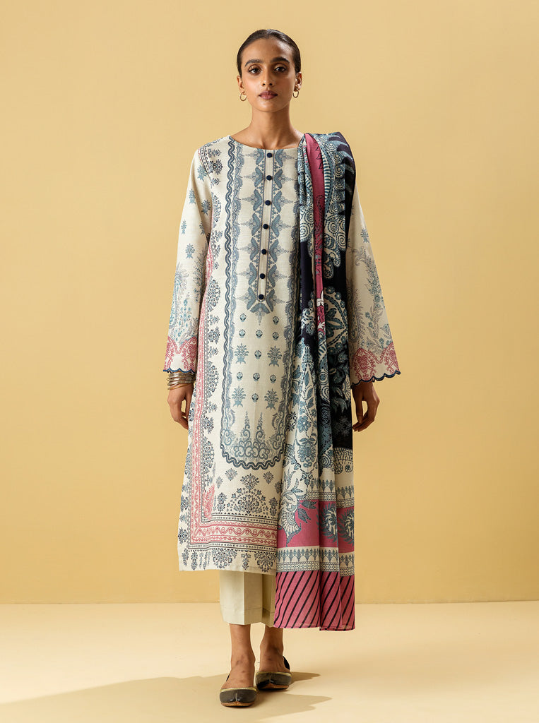 3 Piece - Printed Khaddar Suit - Warm Hues