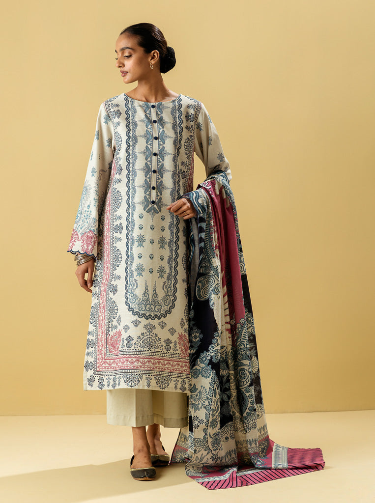3 Piece - Printed Khaddar Suit - Warm Hues
