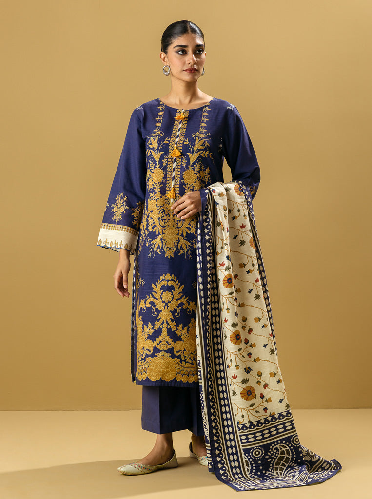 3 Piece - Printed Khaddar Suit - Blue Onyx
