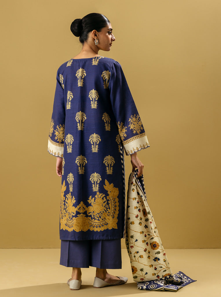 3 Piece - Printed Khaddar Suit - Blue Onyx