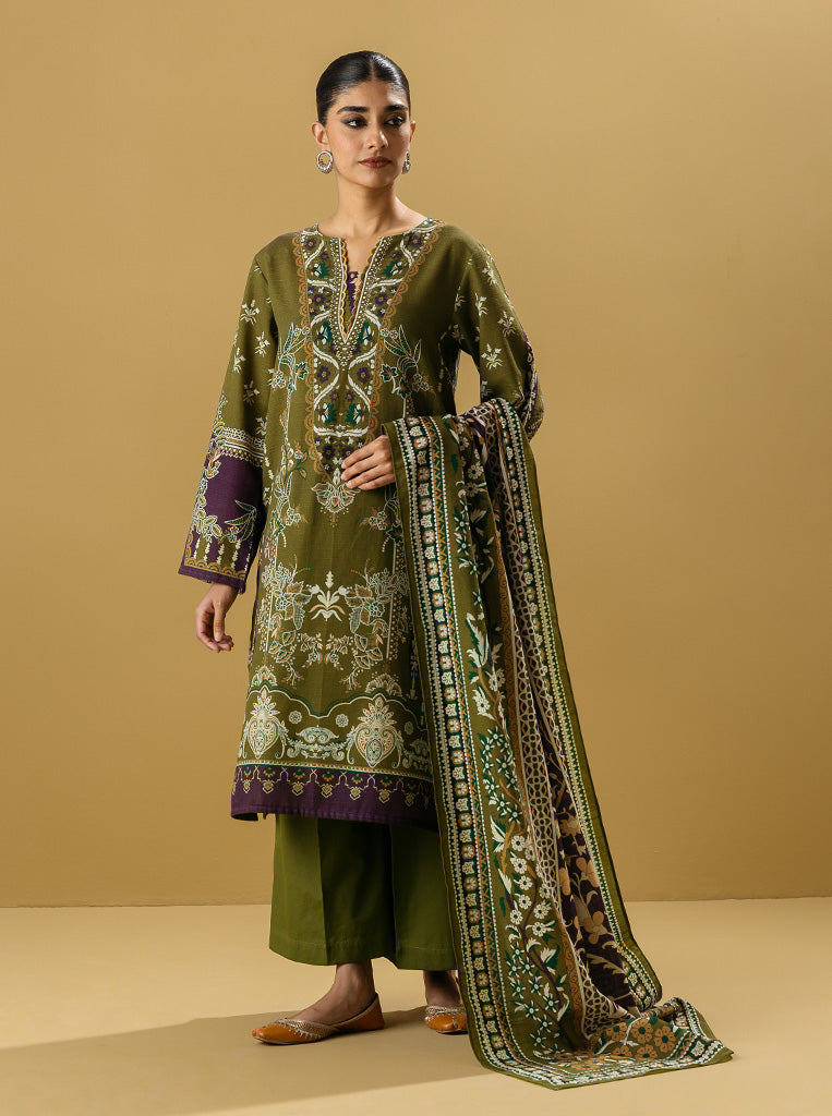 3 Piece - Printed Khaddar Suit - Ridi Olive
