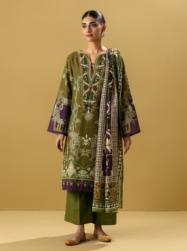 3 Piece - Printed Khaddar Suit - Ridi Olive