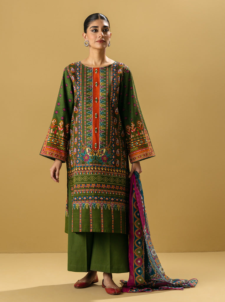 3 Piece - Printed Khaddar Suit - Tropical Fawn