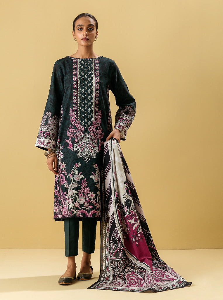 3 Piece - Printed Khaddar Suit - Royal Greem