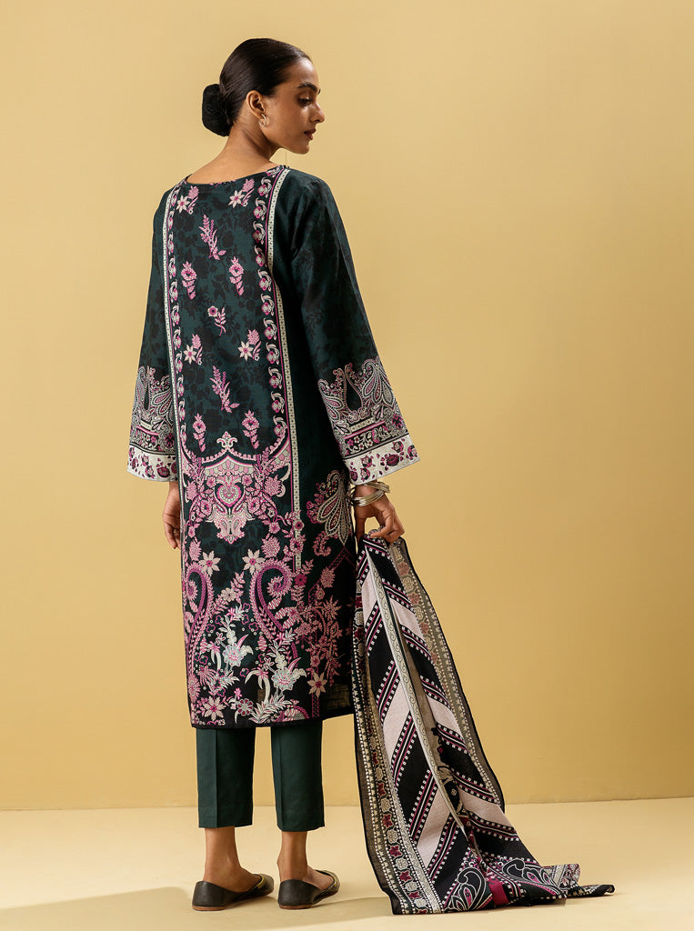 3 Piece - Printed Khaddar Suit - Royal Greem