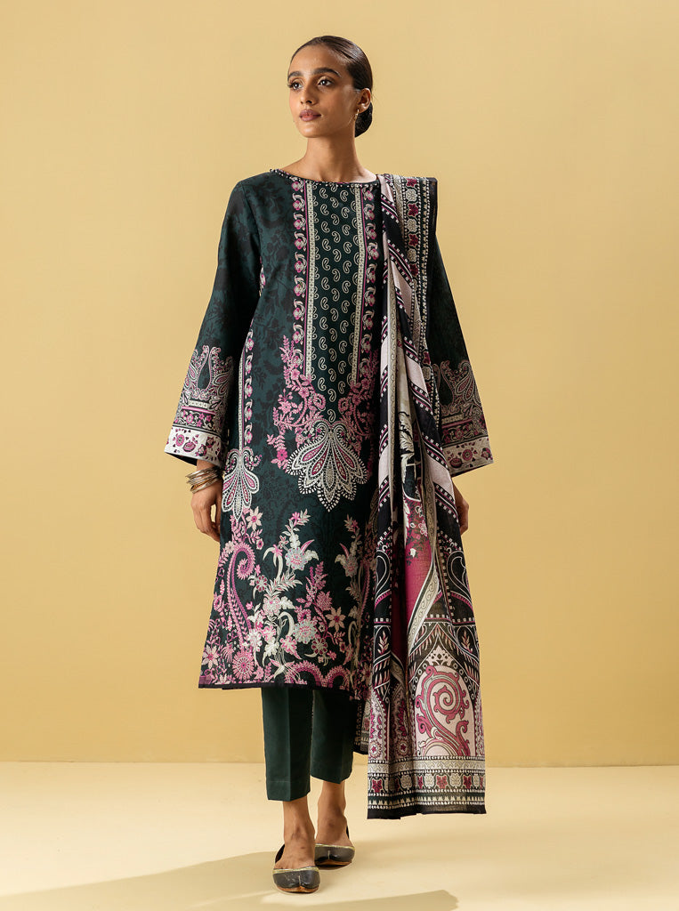 3 Piece - Printed Khaddar Suit - Royal Greem