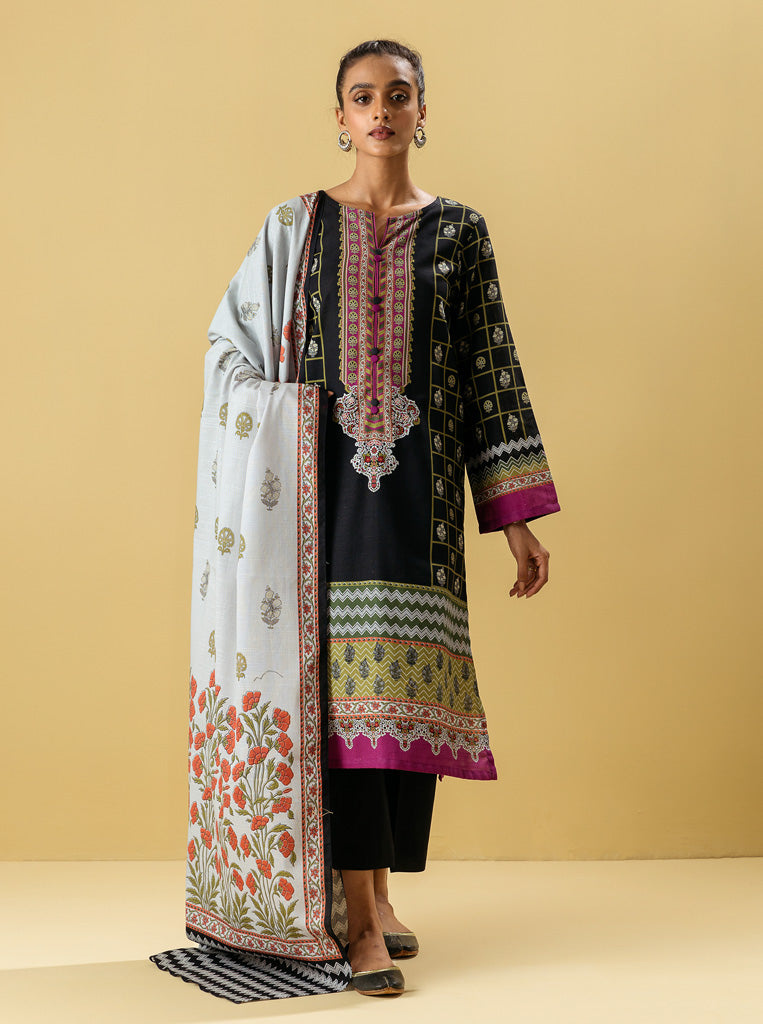 3 Piece - Printed Khaddar Suit - Blooming Black