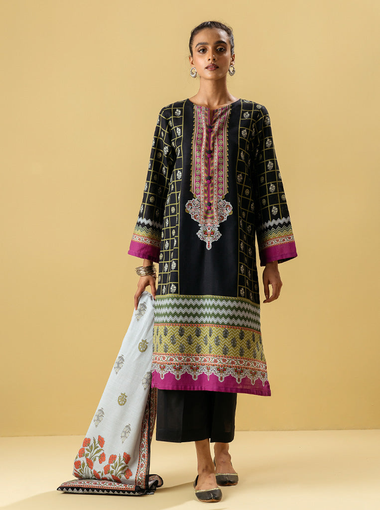3 Piece - Printed Khaddar Suit - Blooming Black