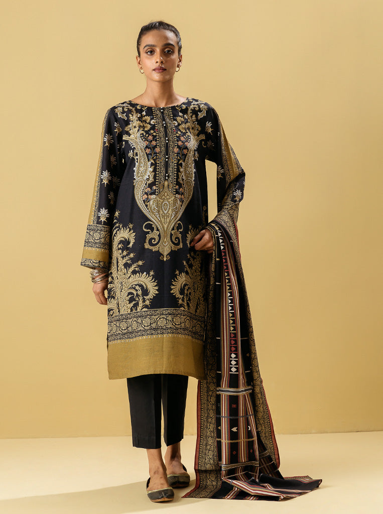 3 Piece - Printed Khaddar Suit - Oriental Black