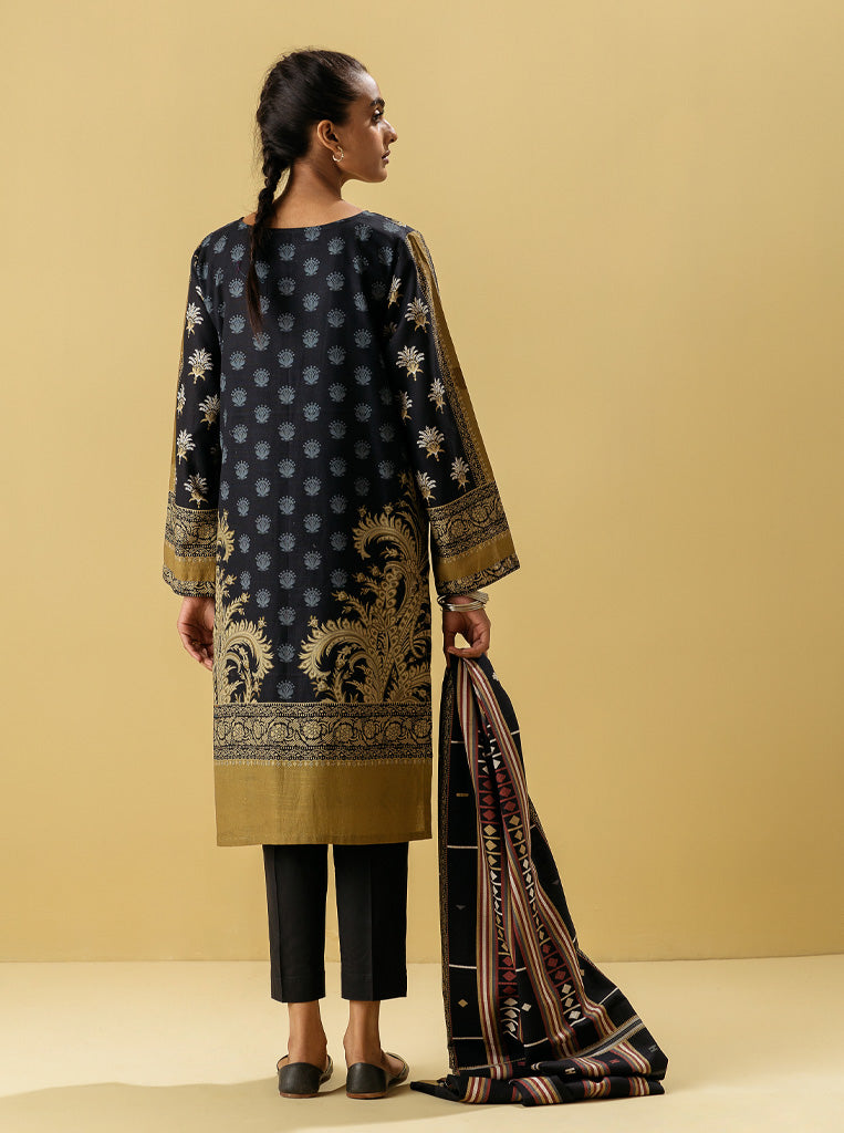 3 Piece - Printed Khaddar Suit - Oriental Black