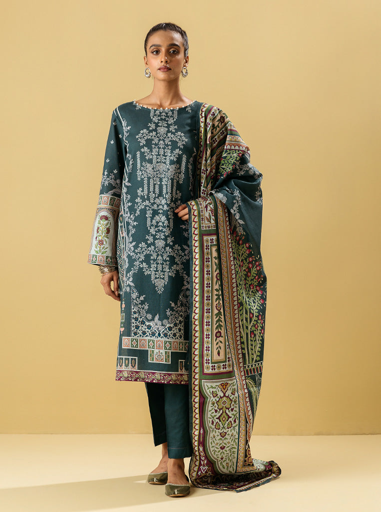 3 Piece - Printed Khaddar Suit - Teal Treasore