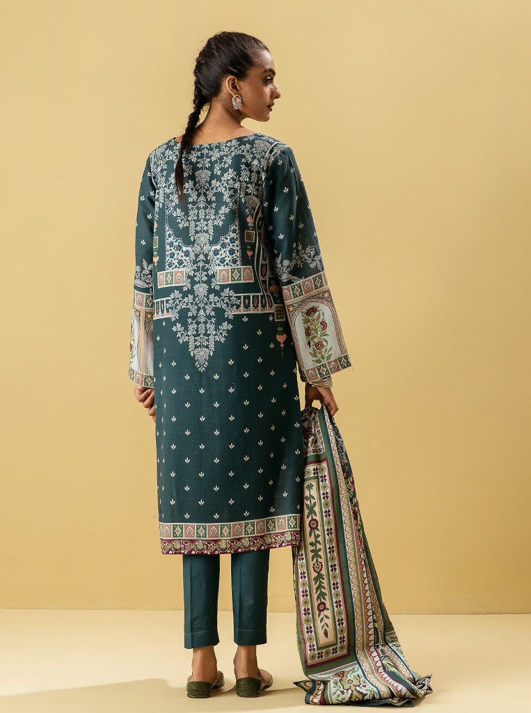 3 Piece - Printed Khaddar Suit - Teal Treasore