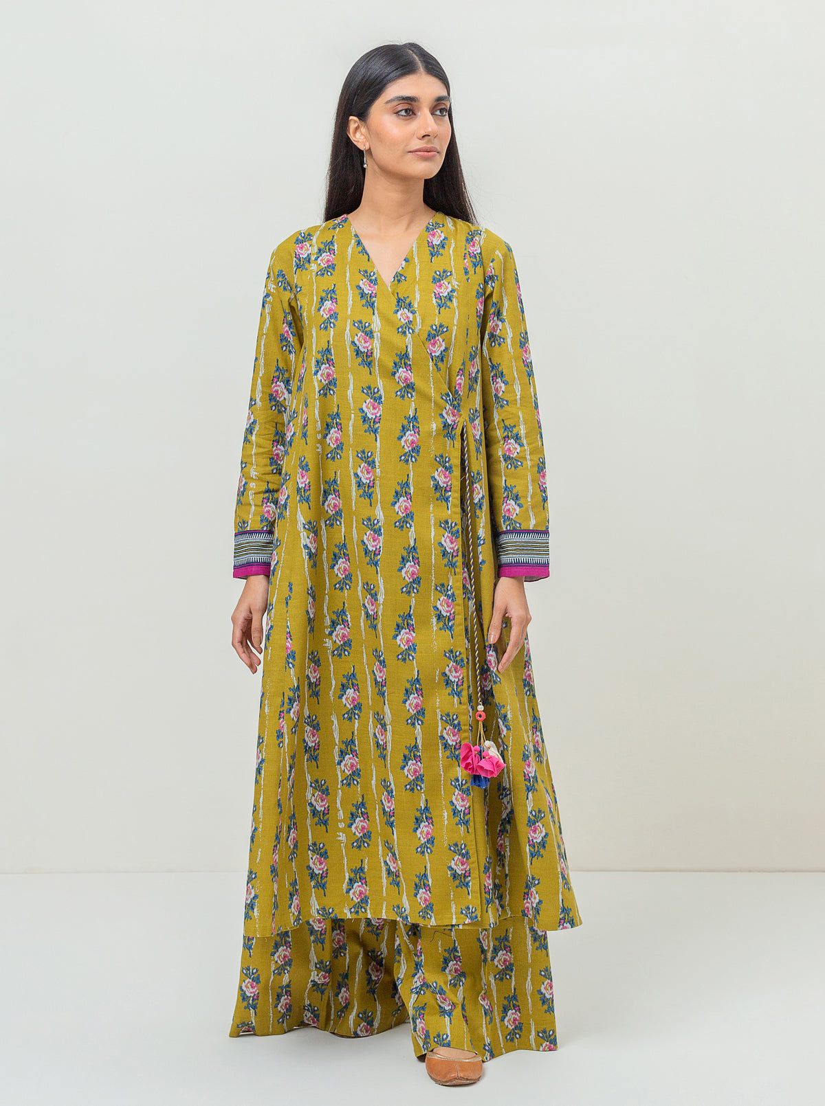 2 Piece - Printed Khaddar Suit - Mustard Vines
