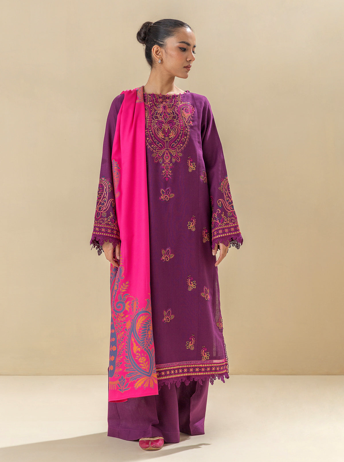 3 Piece - Embroidered Khaddar Suit - Kir Royale