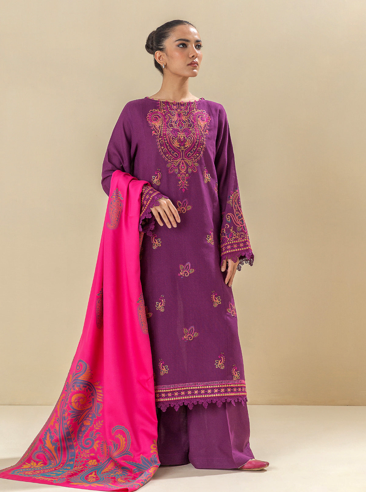 3 Piece - Embroidered Khaddar Suit - Kir Royale