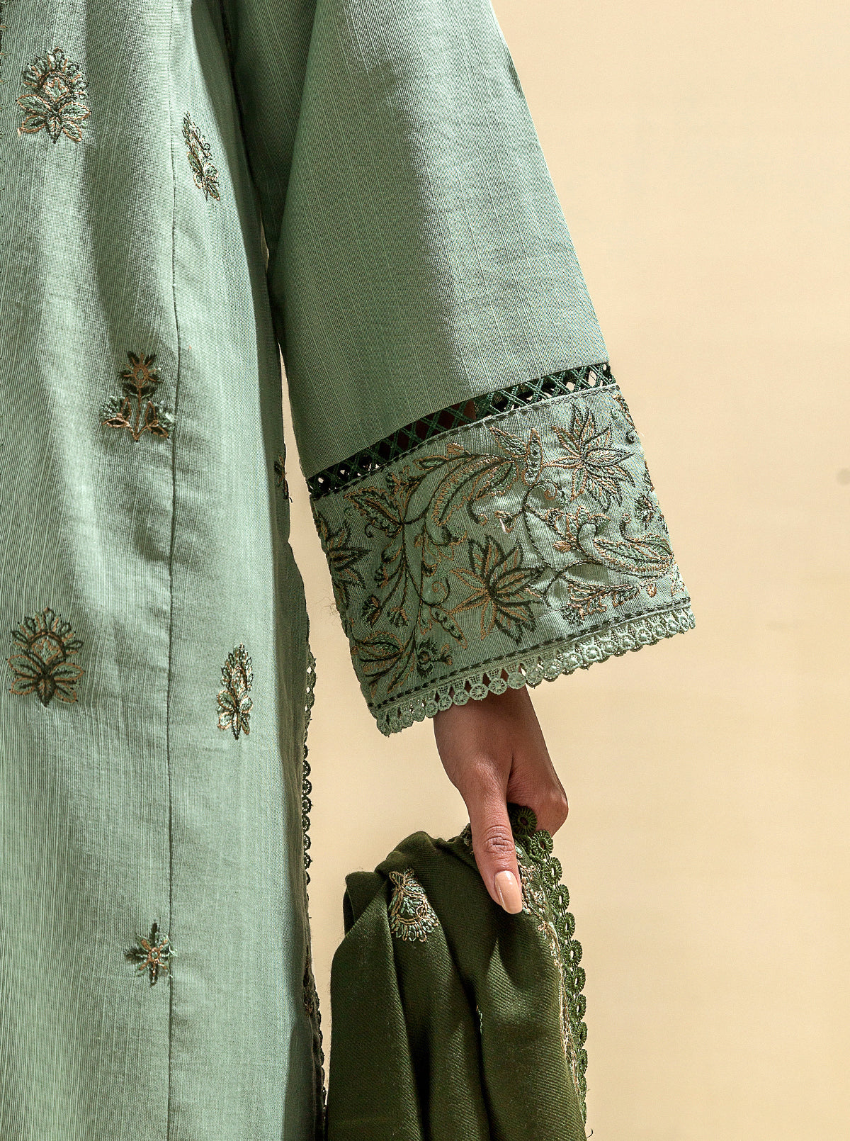 3 Piece - Embroidered Khaddar Suit With Embroidered Shawl - Mossy Magic