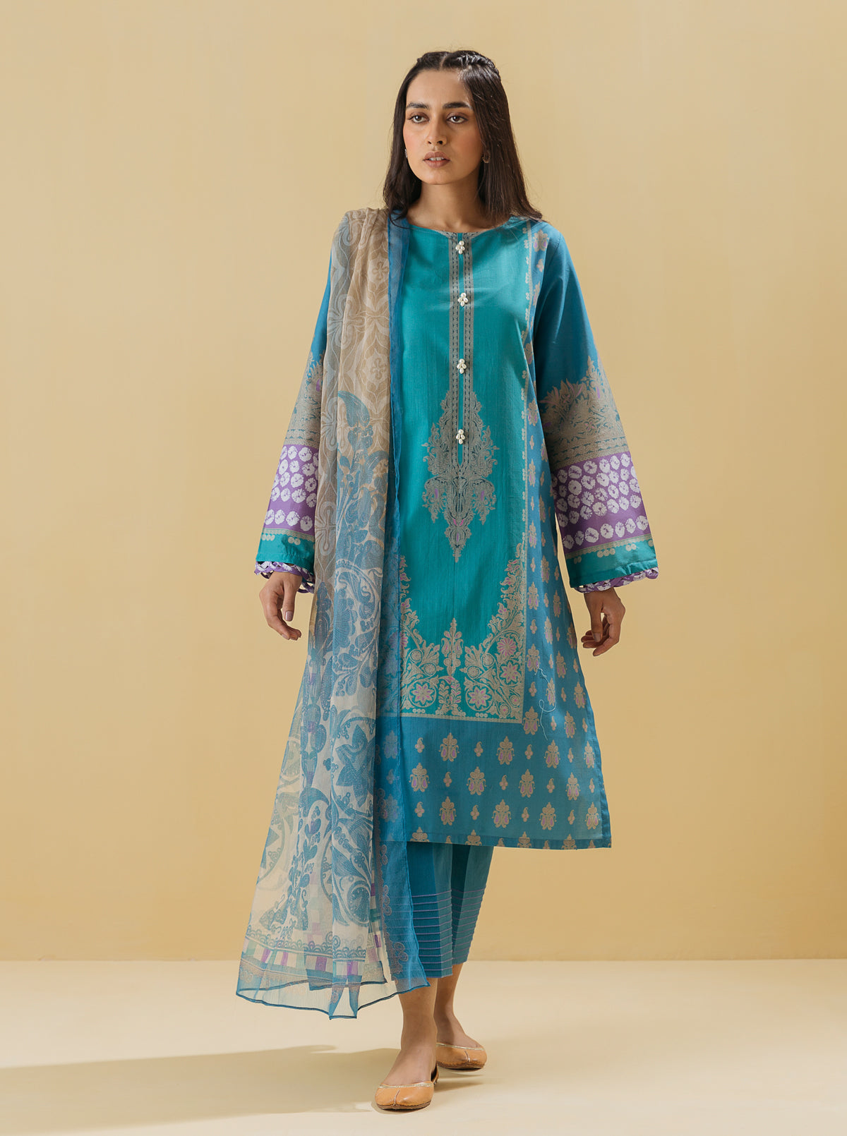 2 Piece - Printed Lawn Suit - Quartz Blue
