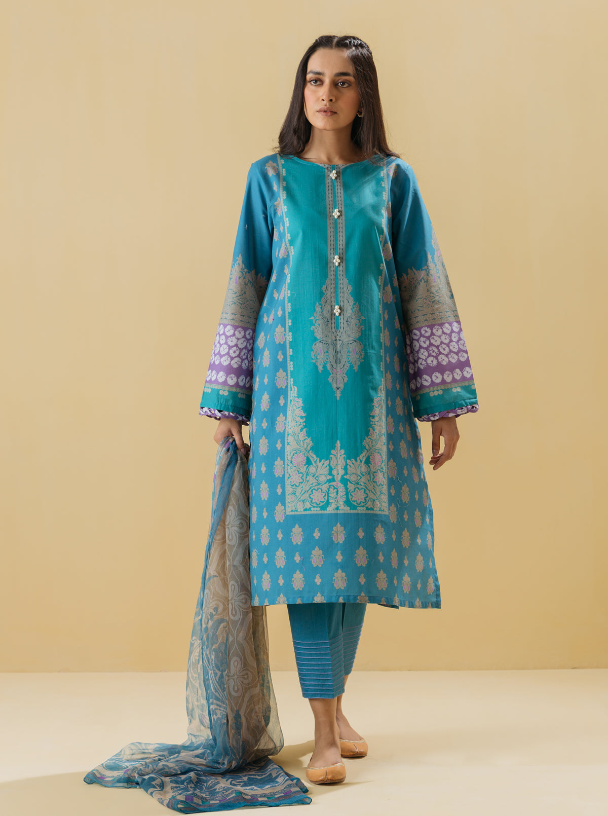 2 Piece - Printed Lawn Suit - Quartz Blue
