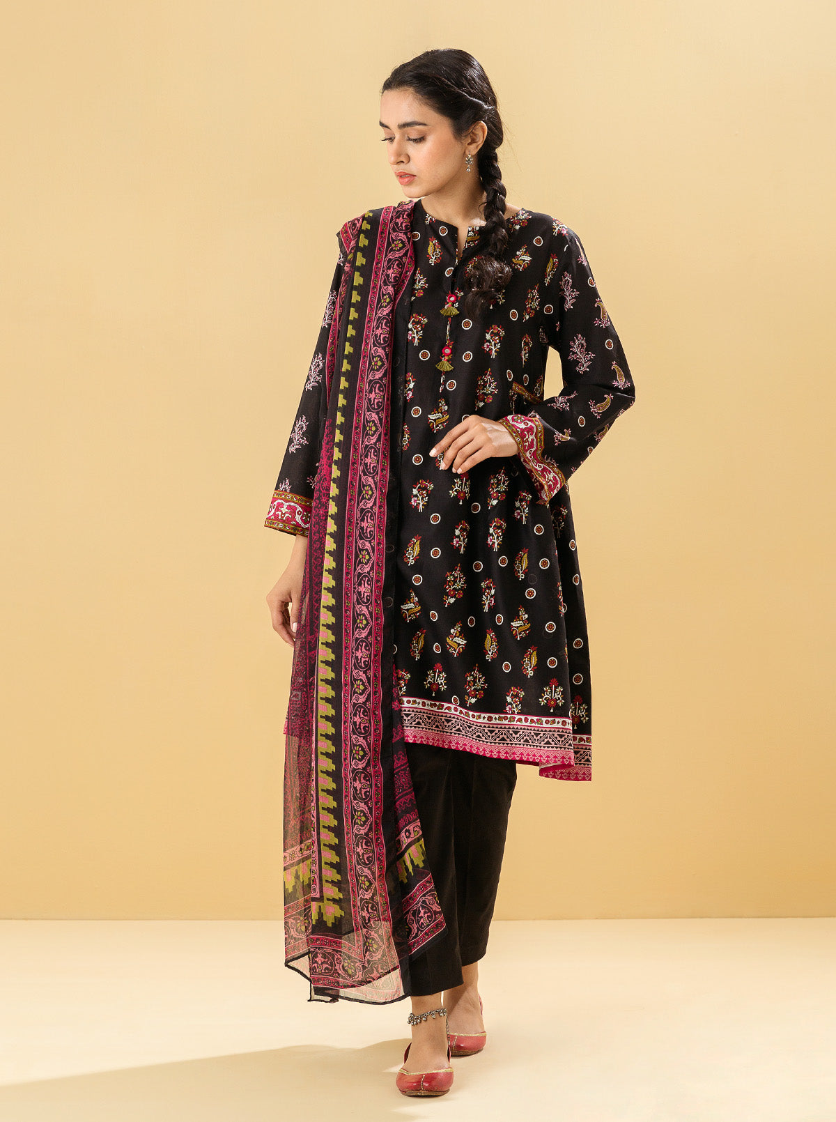 2 Piece - Printed Lawn Suit - Black Quartz