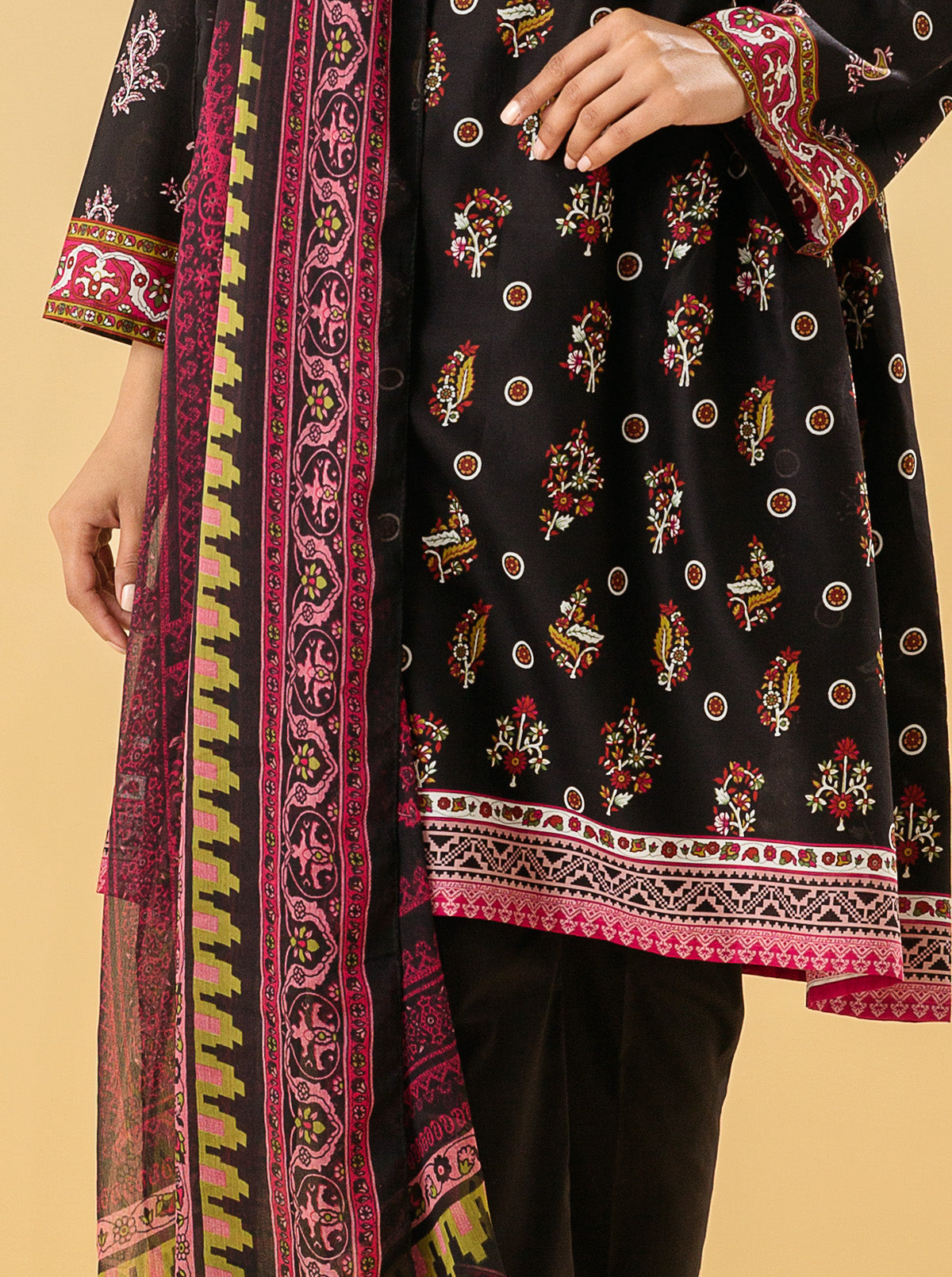 2 Piece - Printed Lawn Suit - Black Quartz