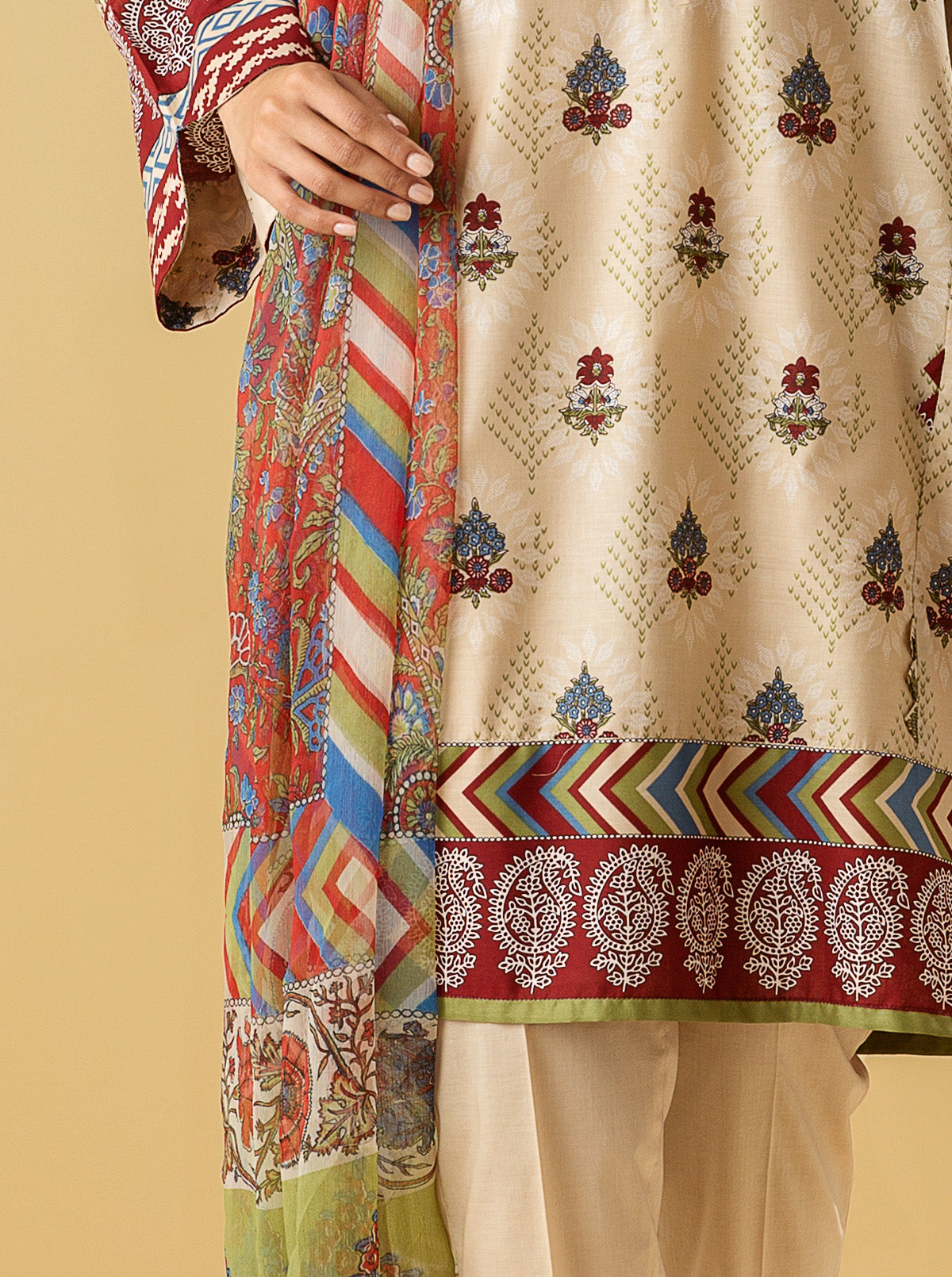 3 PIECE - PRINTED LAWN SUIT - IVORY MISTMB3S22U28-BEIGE-2000000196678-3PC