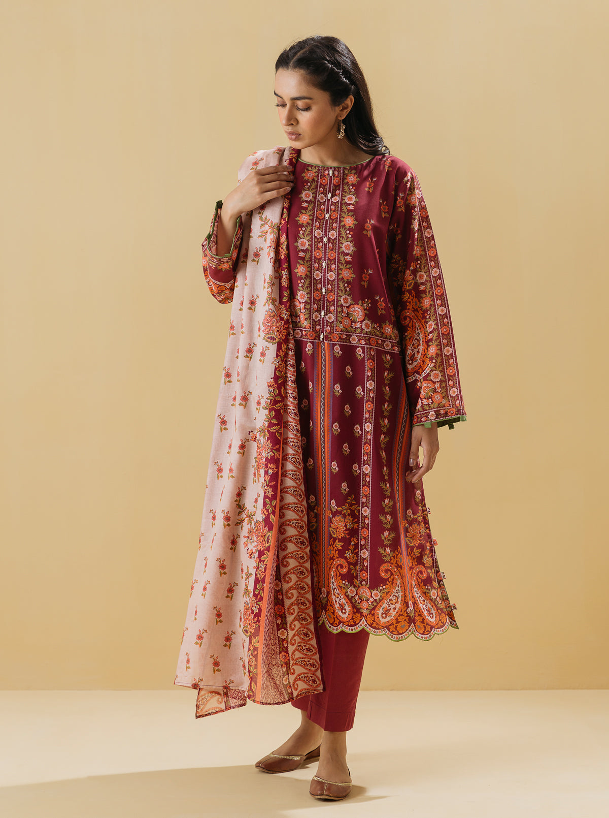 3 Piece - Printed Lawn Suit - Crimson Blush