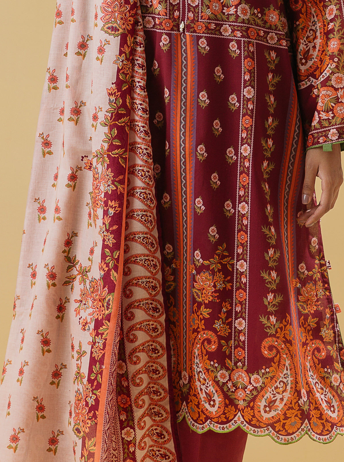 3 Piece - Printed Lawn Suit - Crimson Blush