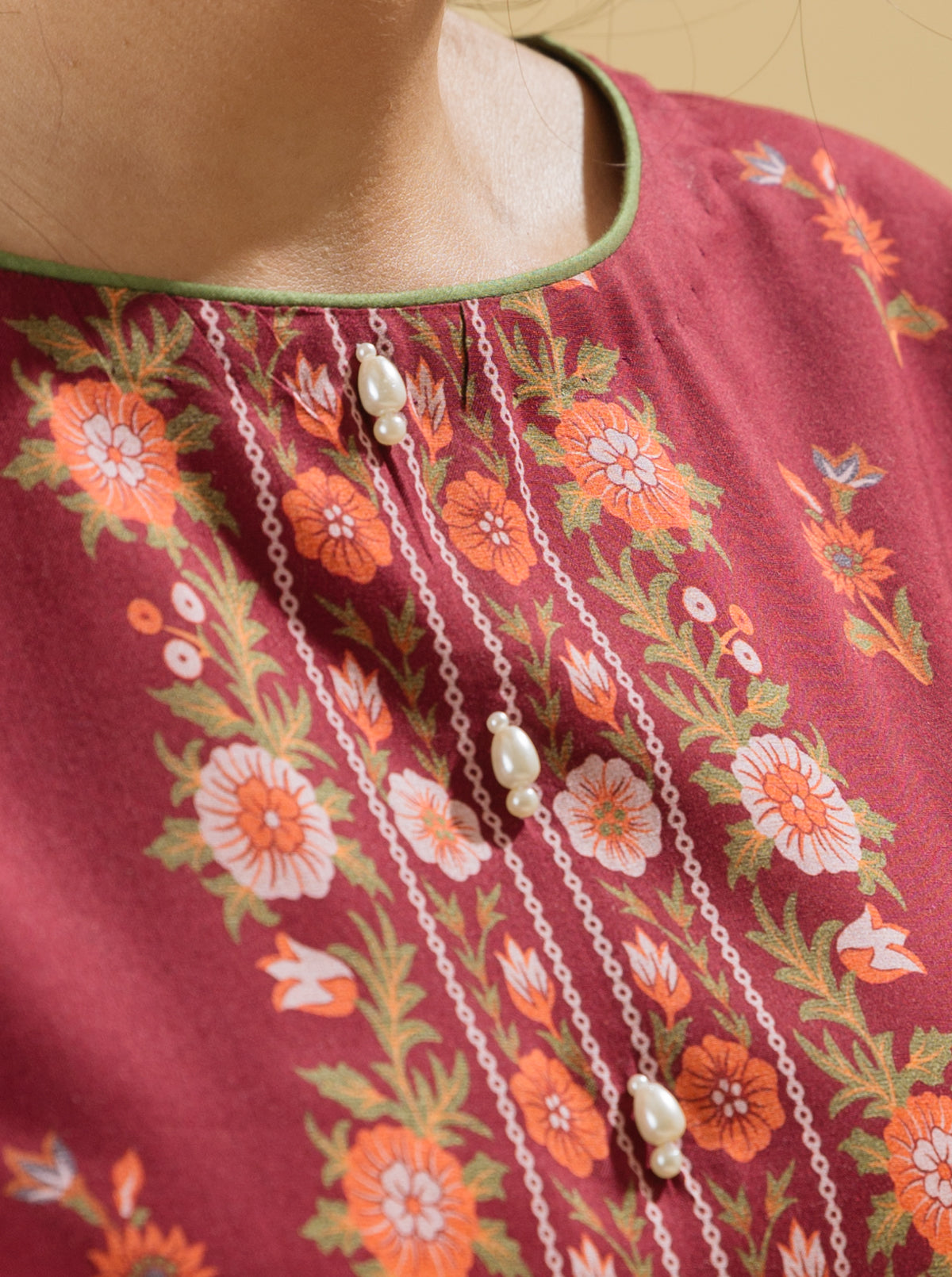 3 Piece - Printed Lawn Suit - Crimson Blush