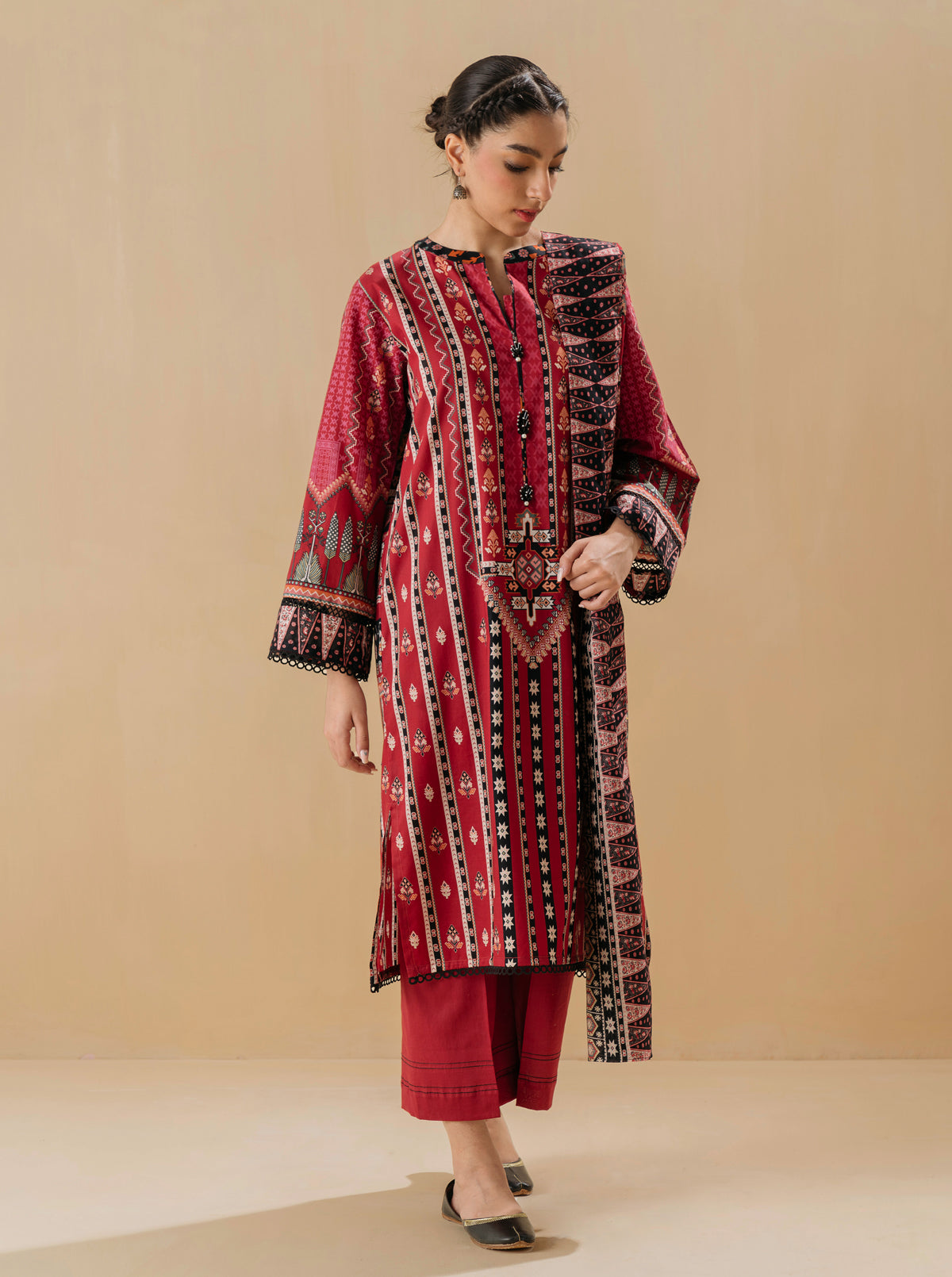 3 Piece - Printed Lawn Suit - Alluring Red