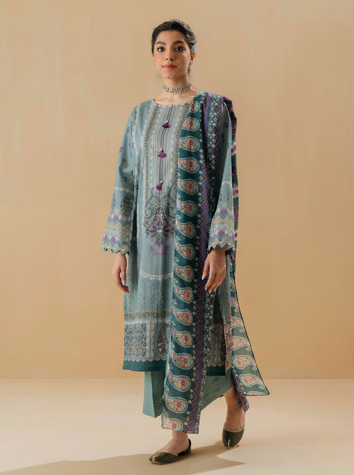 3 PIECE - PRINTED LAWN SUIT - MISTY GLOWMB3S22U34-GREEN-2000000197596-3PC