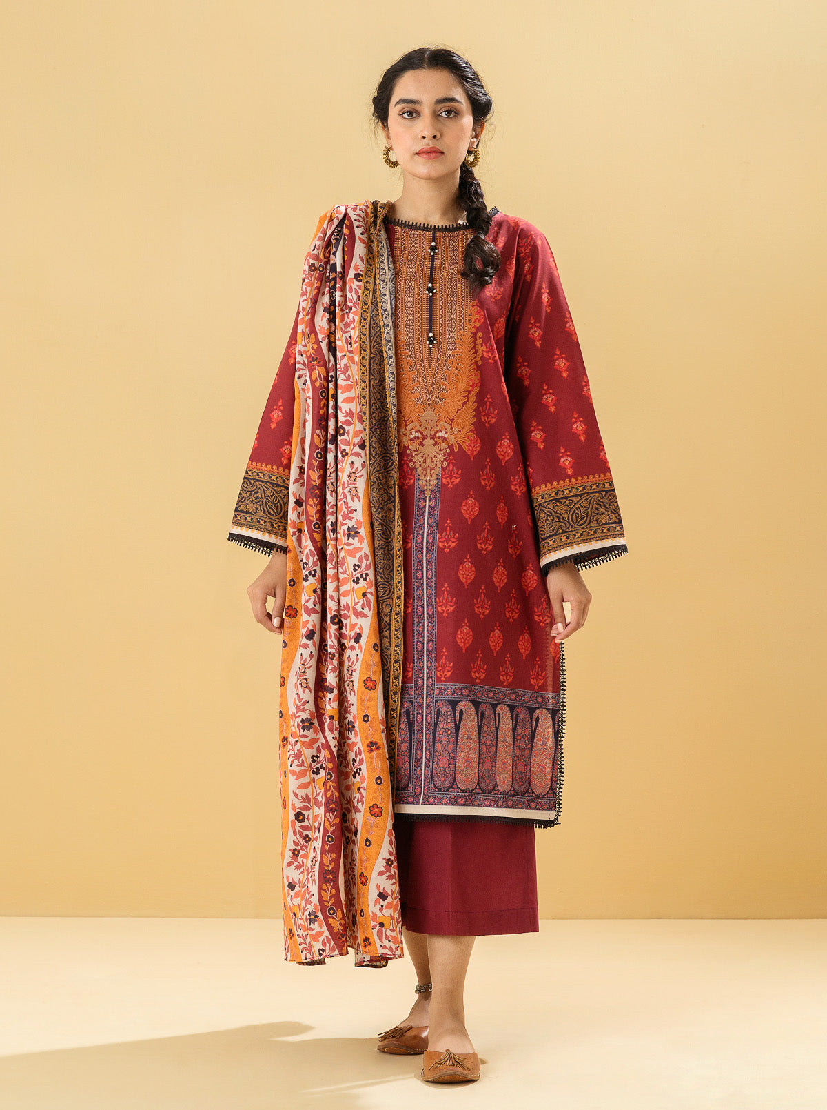 3 PIECE - PRINTED LAWN SUIT - SUMMER SCARLETMB3S22U35-MAROON-2000000196145-3PC