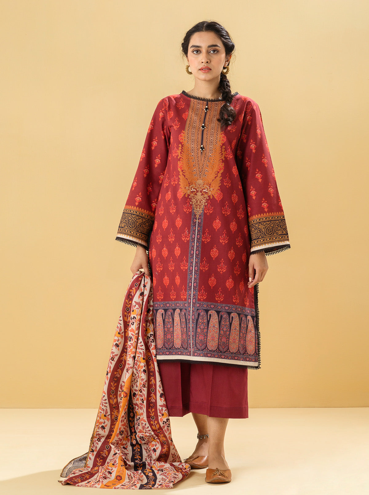 3 PIECE - PRINTED LAWN SUIT - SUMMER SCARLETMB3S22U35-MAROON-2000000196145-3PC