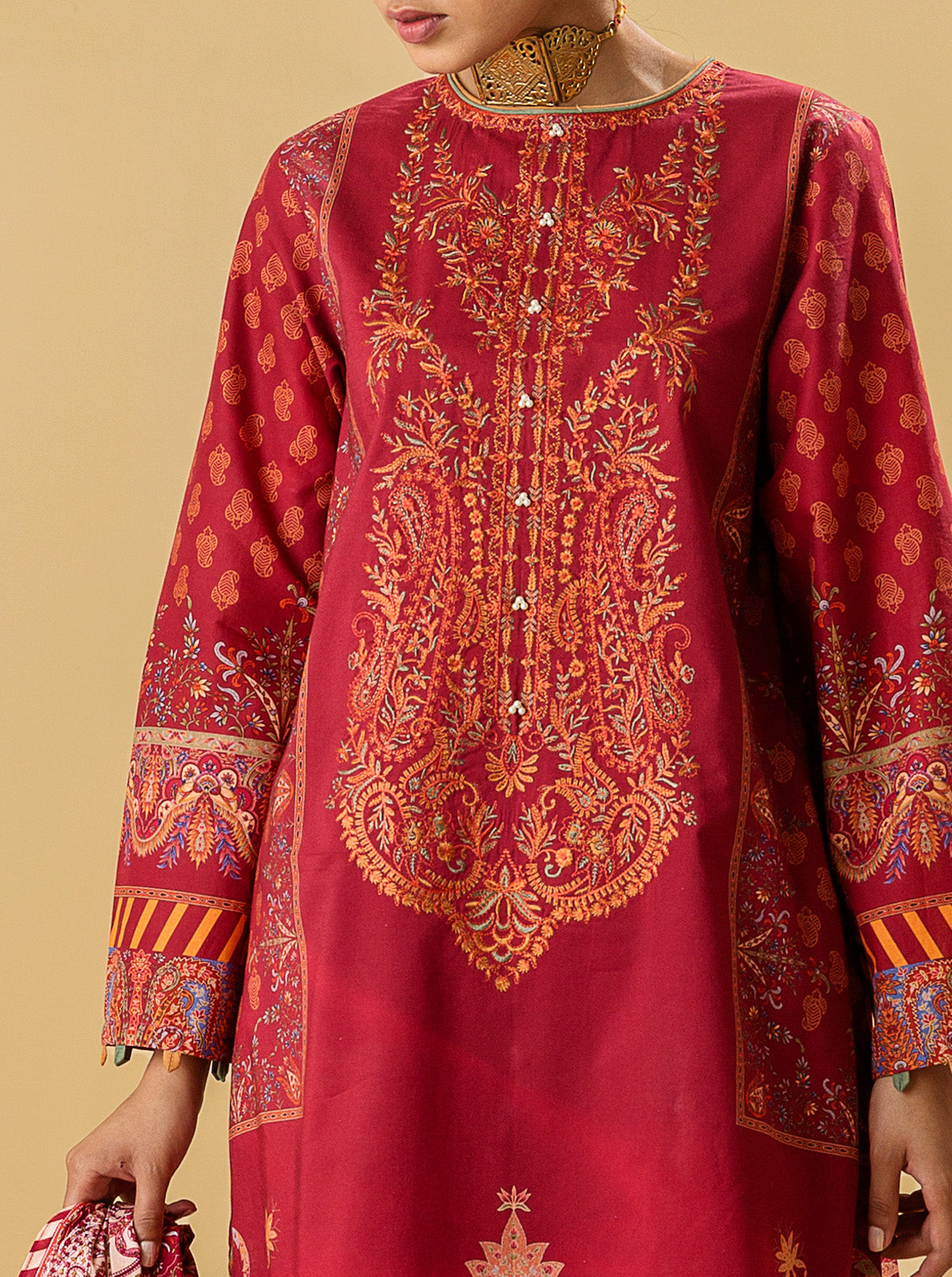 3 Piece - Embroidered Lawn Suit - Oriental Red