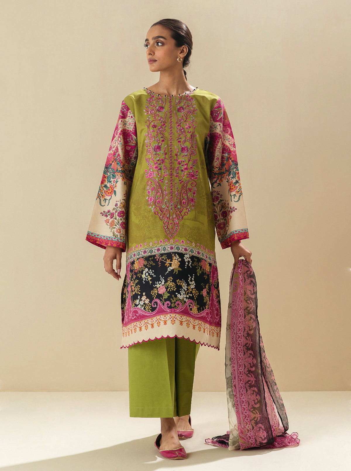 3 Piece - Embroidered Lawn Suit - Lime Twist