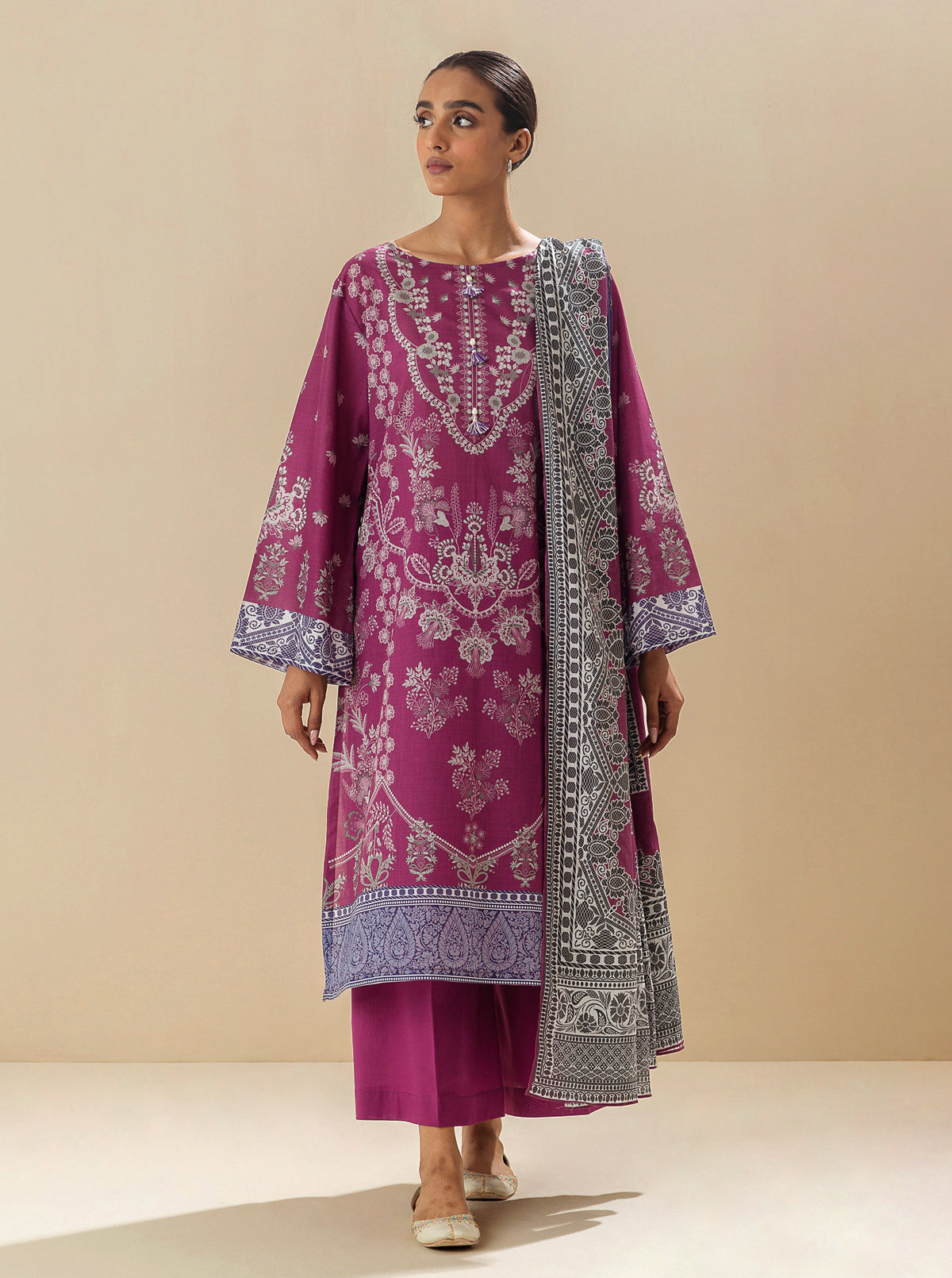 3 Piece - Printed Lawn Suit - Wine Mix
