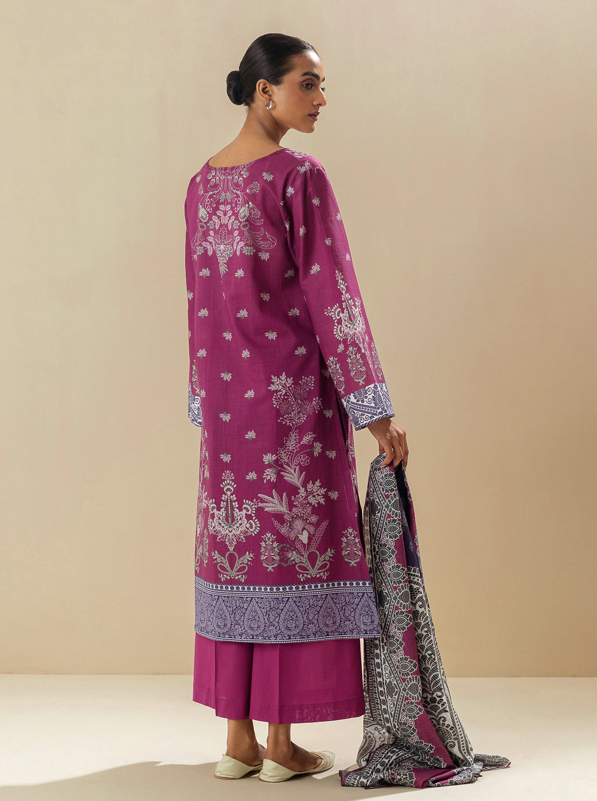 3 Piece - Printed Lawn Suit - Wine Mix