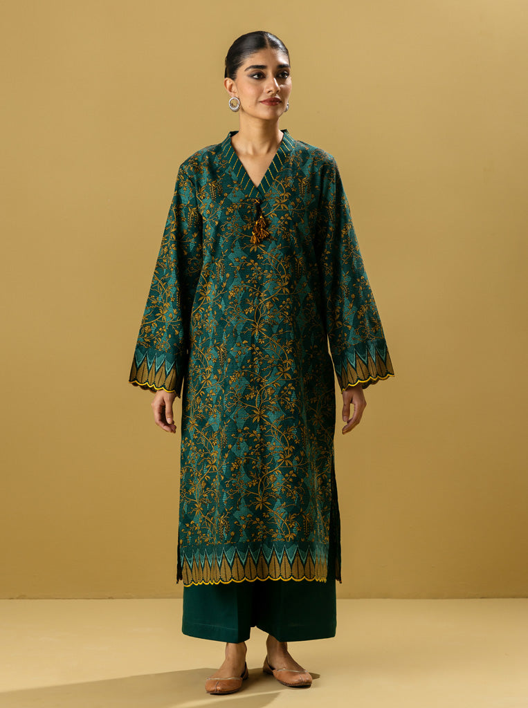 2 Piece - Printed Khaddar Suit - Lemon Chiffon
