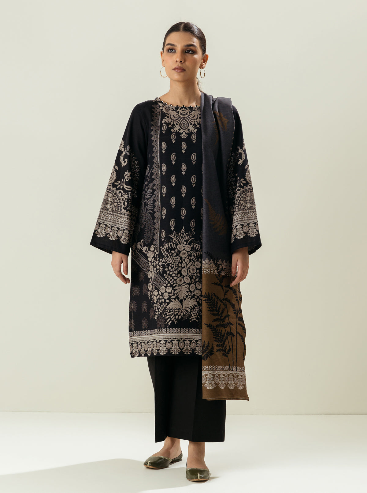 2 Piece - Printed Khaddar Suit - Web Black