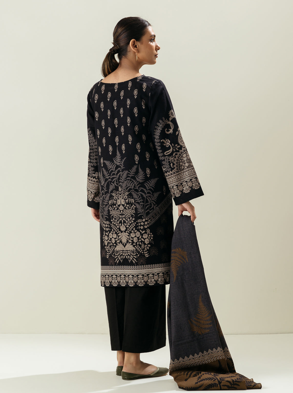 2 Piece - Printed Khaddar Suit - Web Black