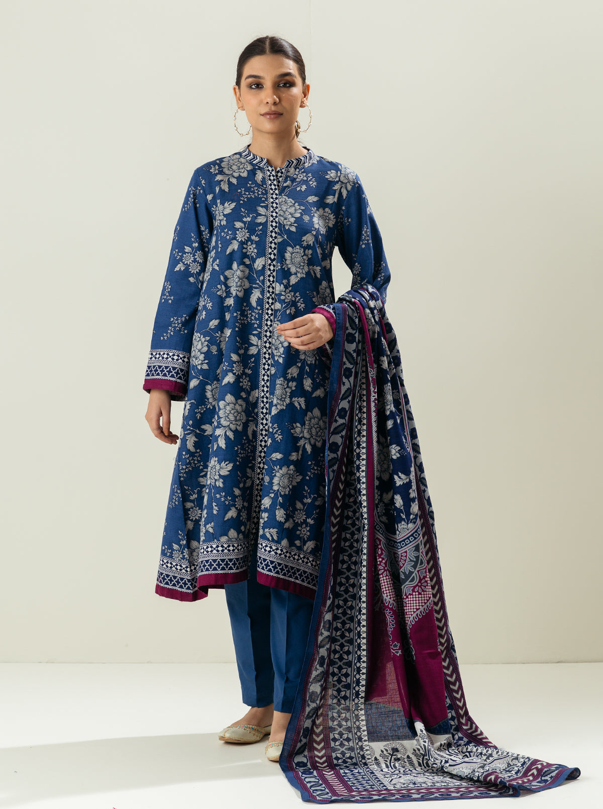 3 Piece - Printed Khaddar Suit - Chivalry Blue