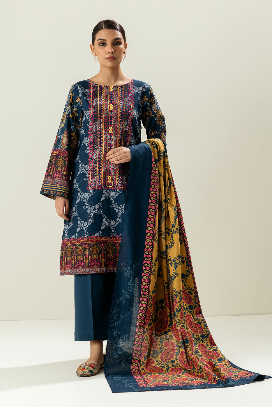 3 Piece - Embroidered Khaddar Suit - Denim