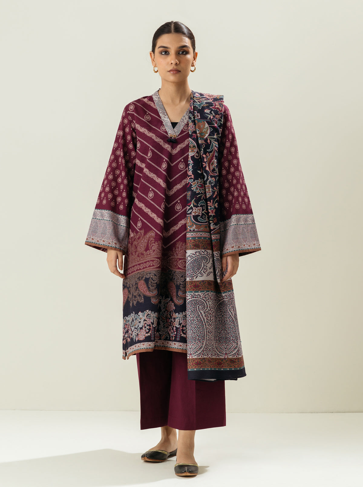 3 Piece - Printed Khaddar Suit - Dried Thyme