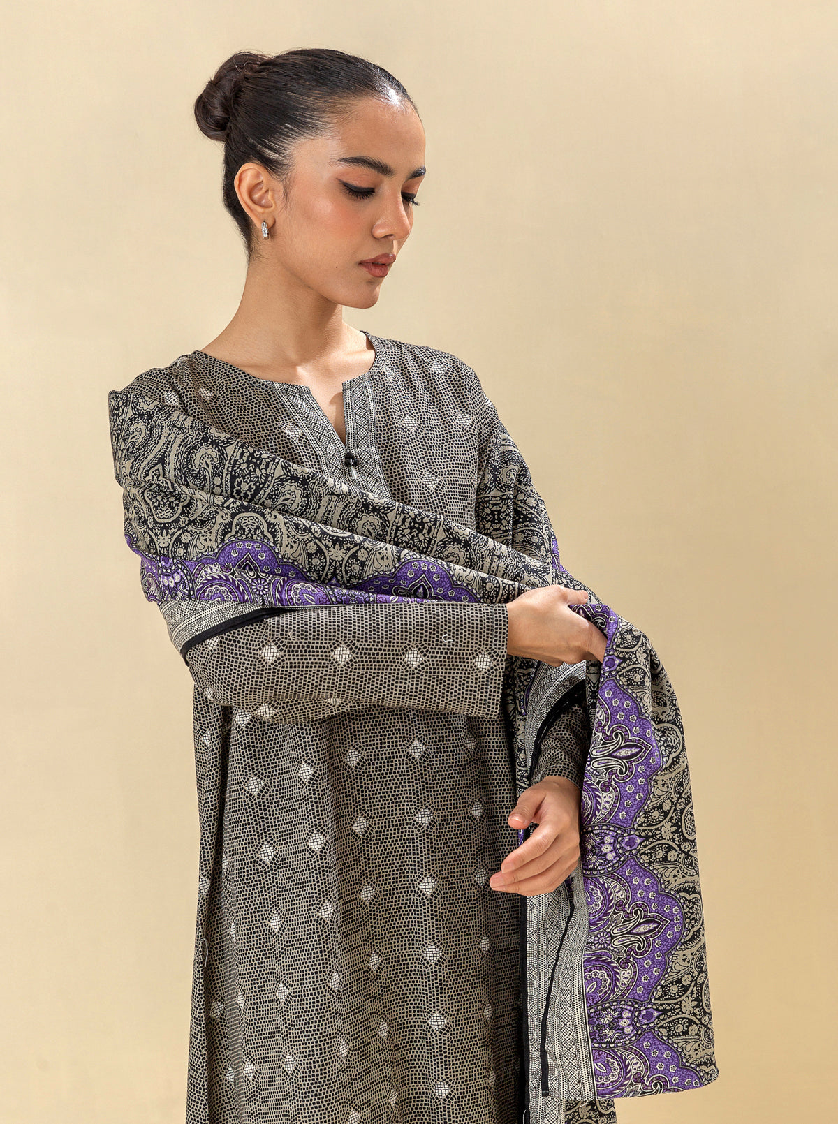 3 Piece - Printed Khaddar Suit - Accent Zone