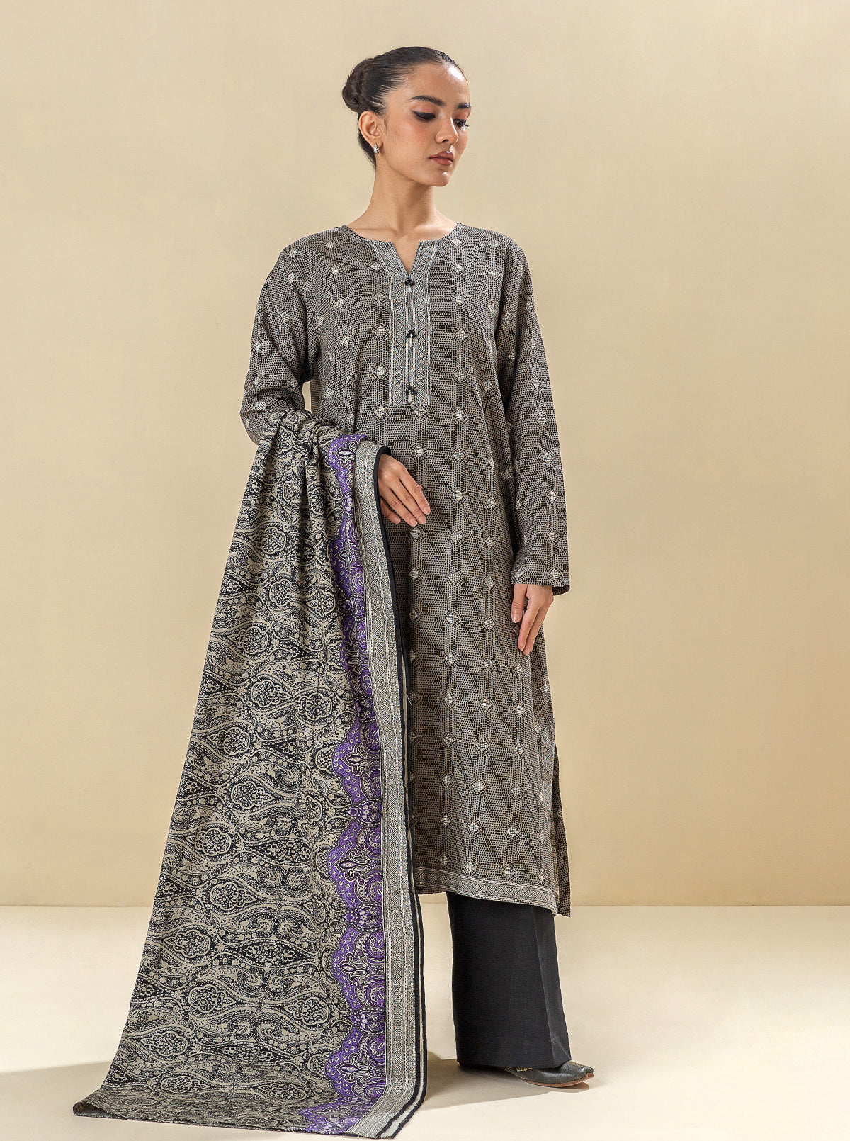 3 Piece - Printed Khaddar Suit - Accent Zone