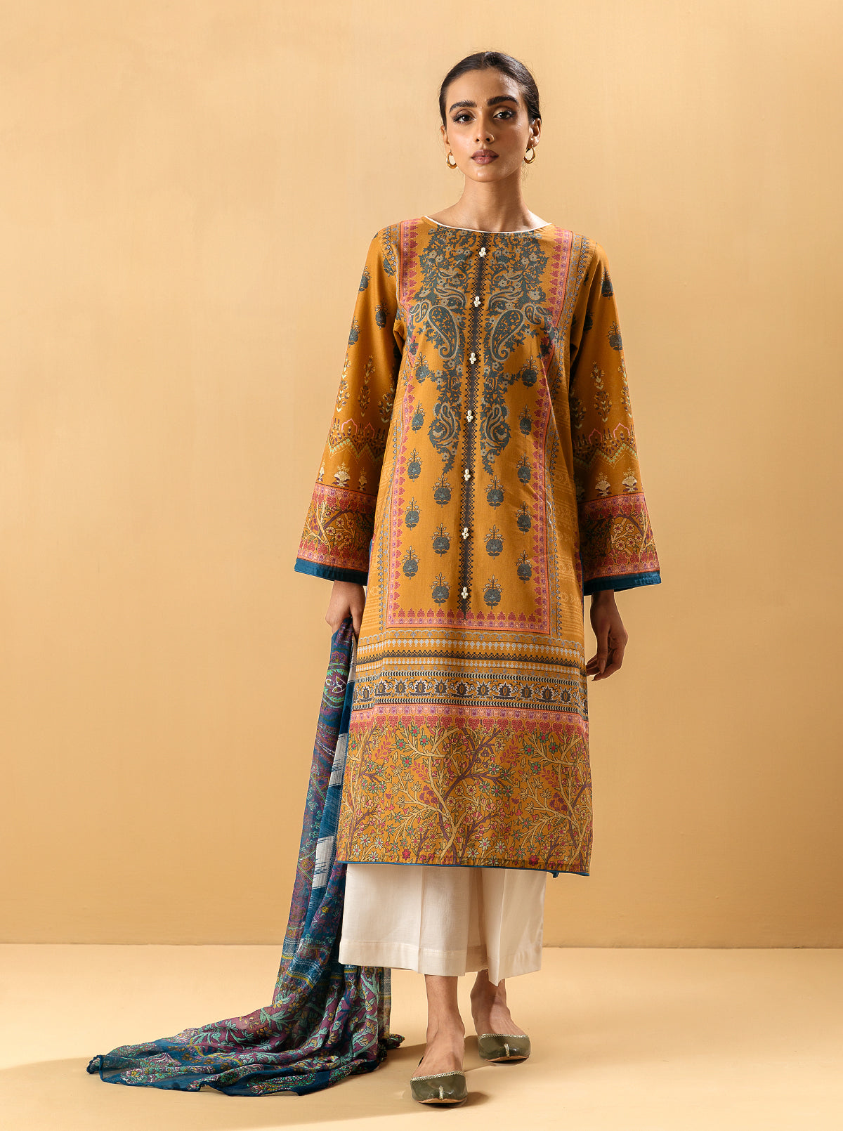 2 Piece - Printed Lawn Suit - Mustard Gemstone