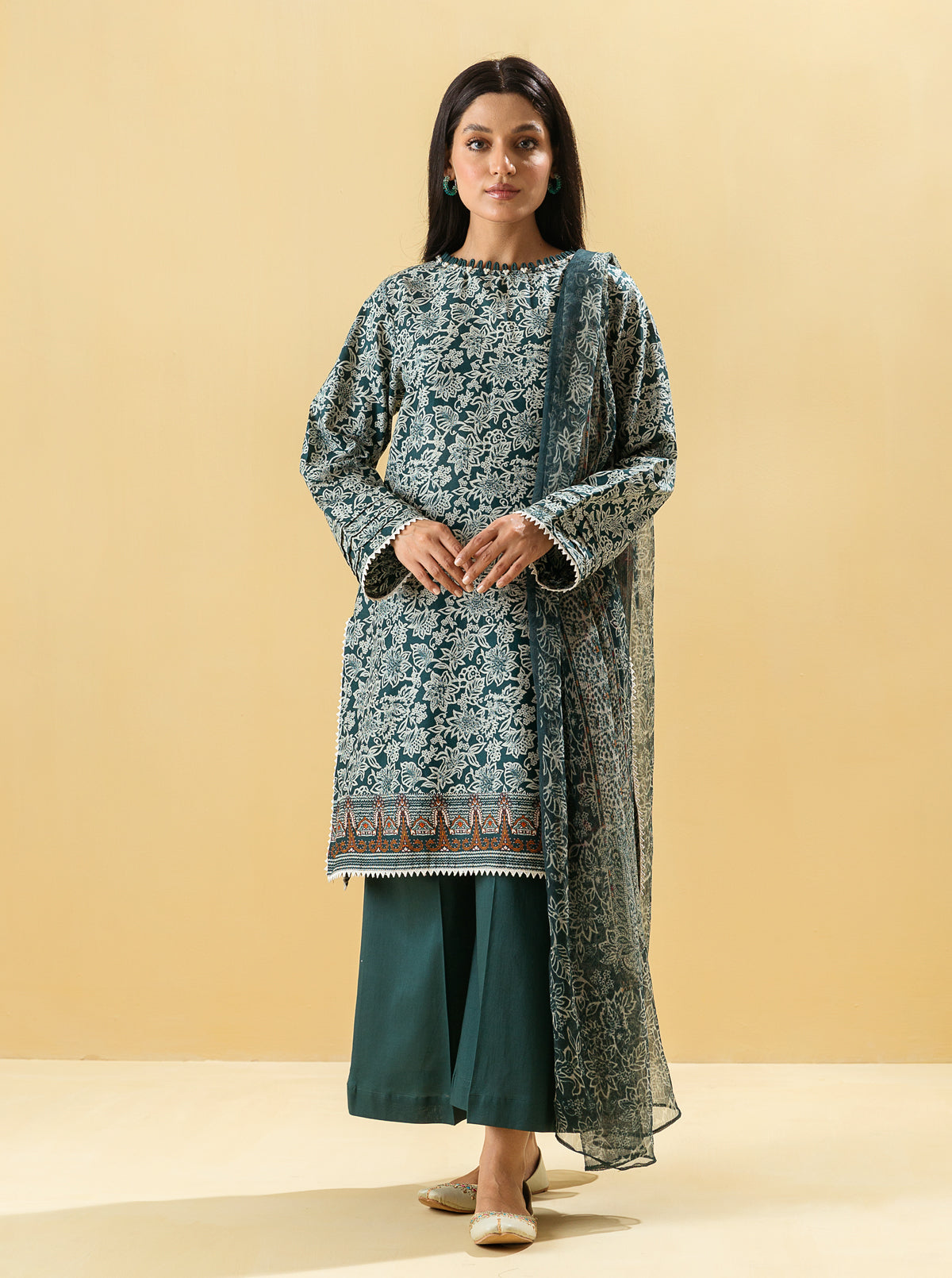 3 Piece - Printed Lawn Suit - Antique Navy
