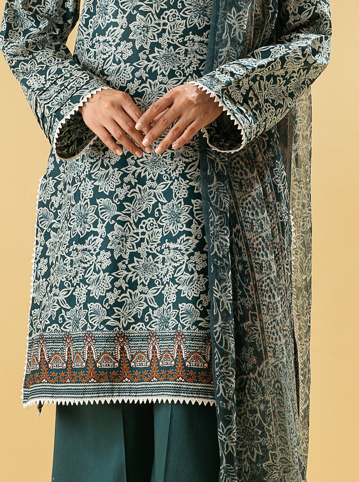 3 Piece - Printed Lawn Suit - Antique Navy